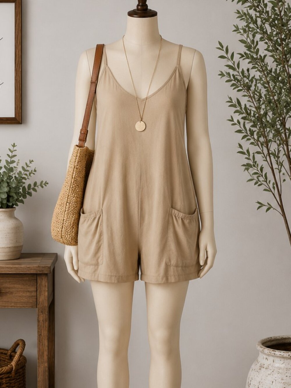 Beige Sleeveless Romper with Pockets | Size L